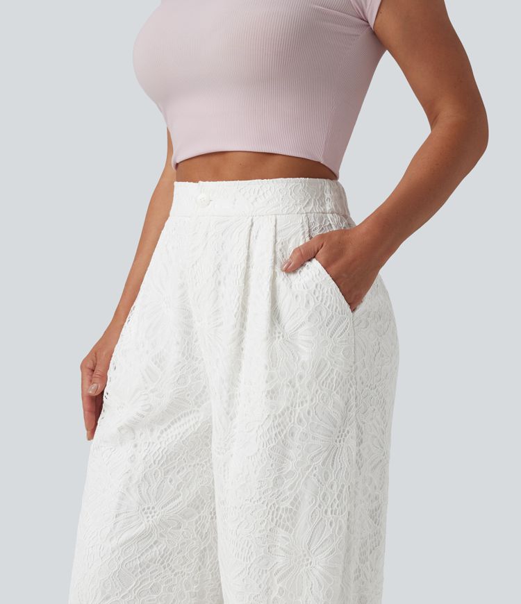 High Waisted Wide Leg Contrast Lace Casual Pants with Pockets