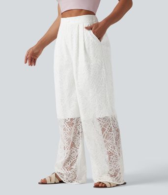 High Waisted Wide Leg Contrast Lace Casual Pants with Pockets