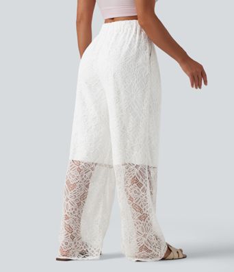 High Waisted Wide Leg Contrast Lace Casual Pants with Pockets