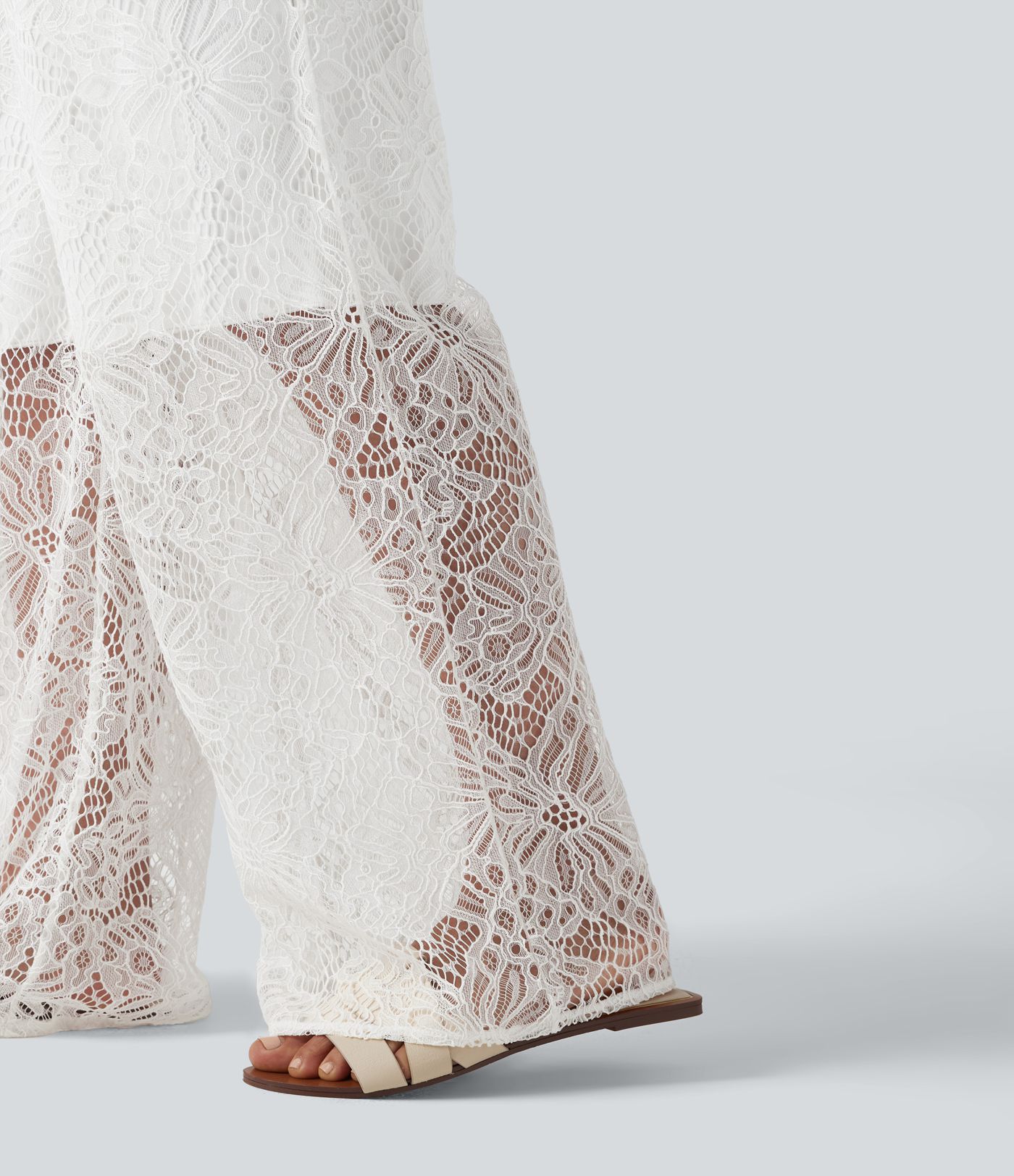 High Waisted Wide Leg Contrast Lace Casual Pants with Pockets