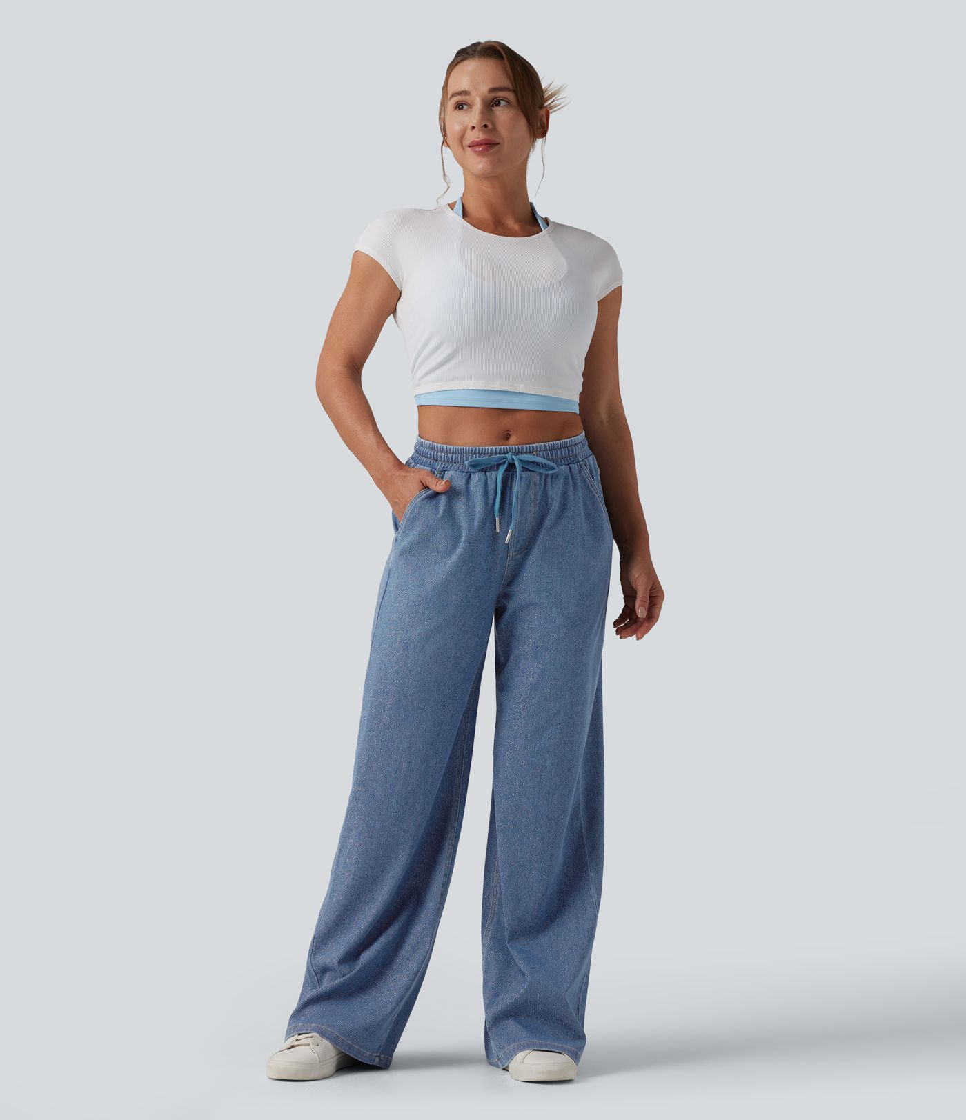 Halara Flex™ Low Rise Drawstring Wide Leg Sparkle Casual Sweatpants Jeans with Pockets