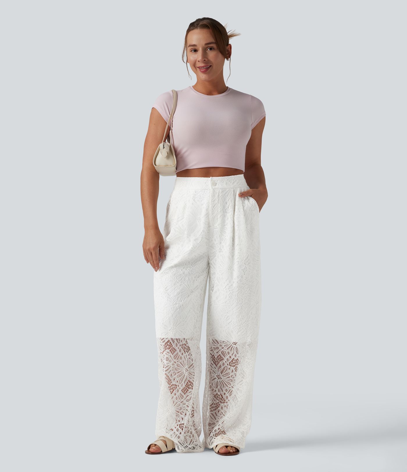 High Waisted Wide Leg Contrast Lace Casual Pants with Pockets