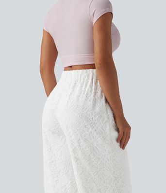 High Waisted Wide Leg Contrast Lace Casual Pants with Pockets