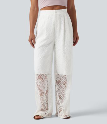 High Waisted Wide Leg Contrast Lace Casual Pants with Pockets