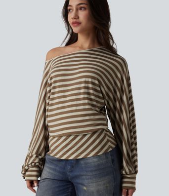 One Shoulder Long Sleeve Stripe Casual Top