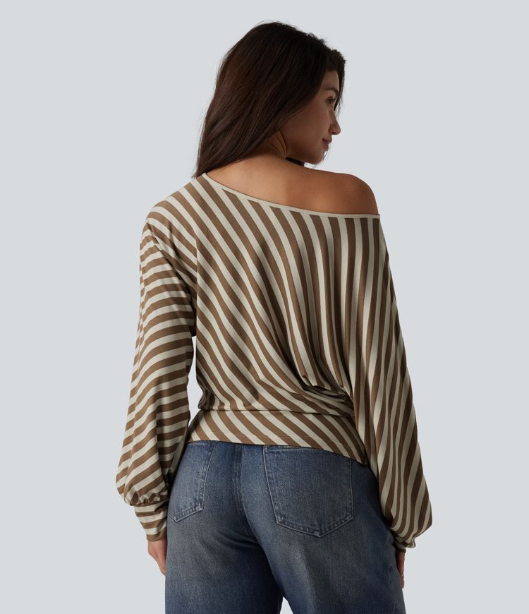 One Shoulder Long Sleeve Stripe Casual Top