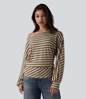 One Shoulder Long Sleeve Stripe Casual Top
