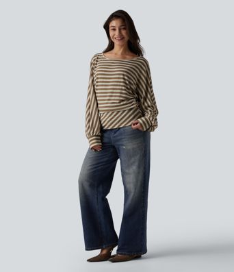 One Shoulder Long Sleeve Stripe Casual Top