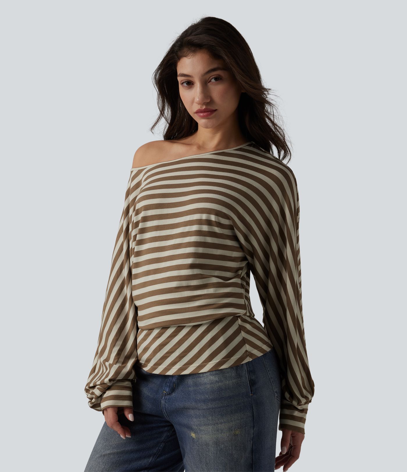 One Shoulder Long Sleeve Stripe Casual Top