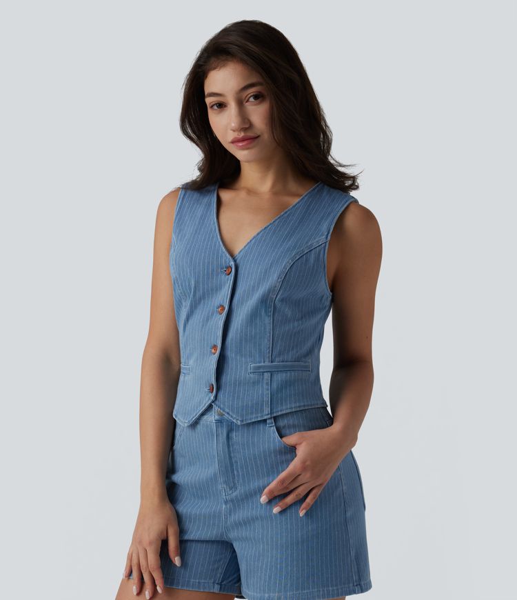 Halara Flex™ Deep V-neck Button Fly Stripes Denim Casual Vest