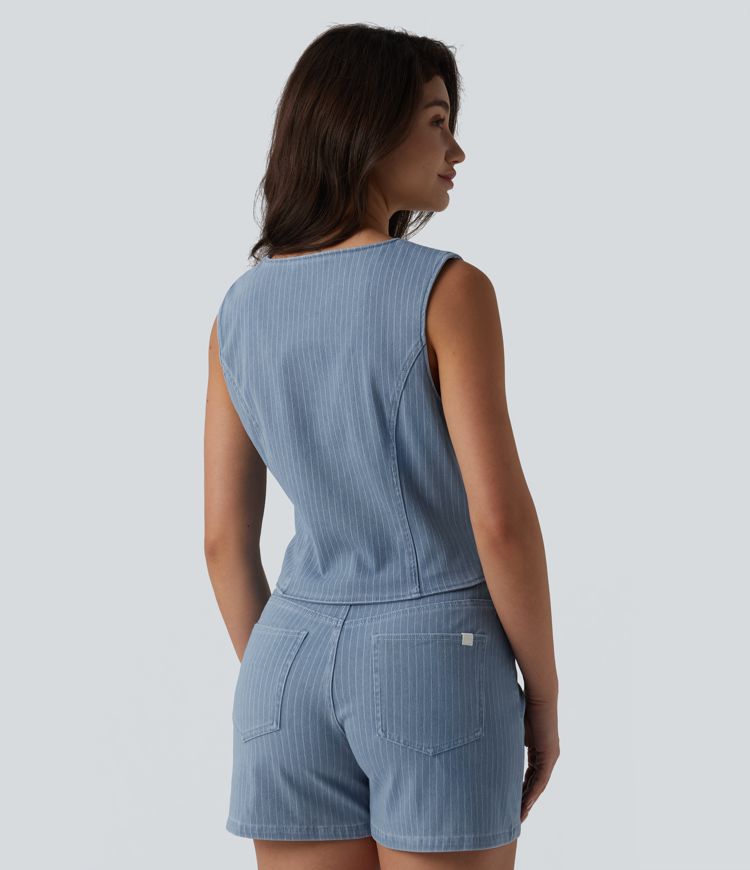 Halara Flex™ Deep V-neck Button Fly Stripes Denim Casual Vest