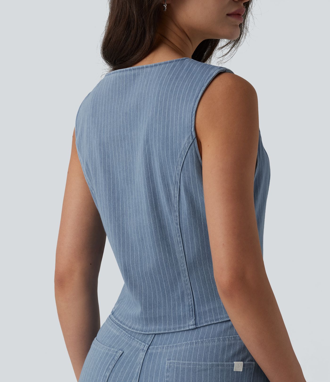 Halara Flex™ Deep V-neck Button Fly Stripes Denim Casual Vest