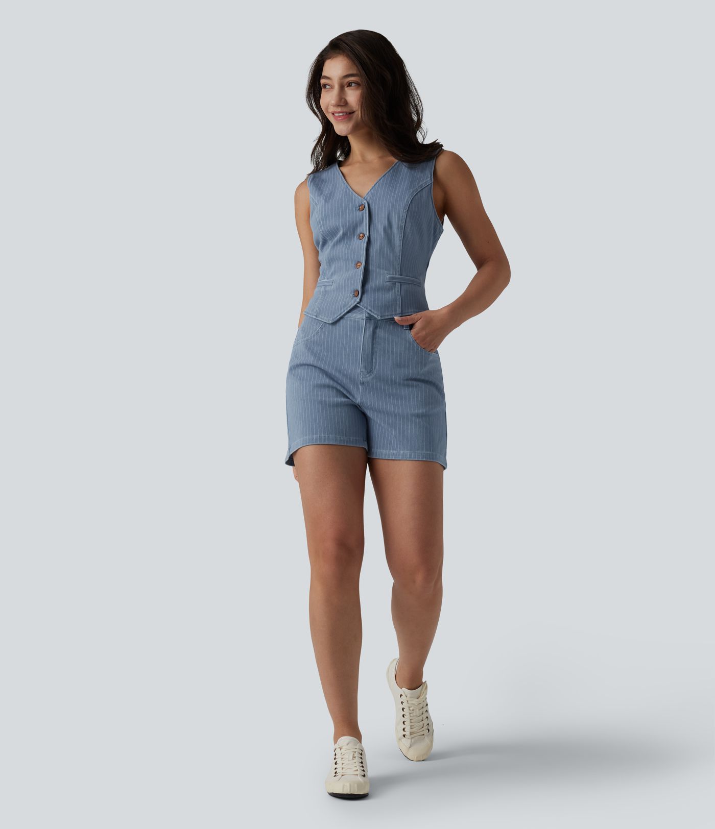 Halara Flex™ Deep V-neck Button Fly Stripes Denim Casual Vest