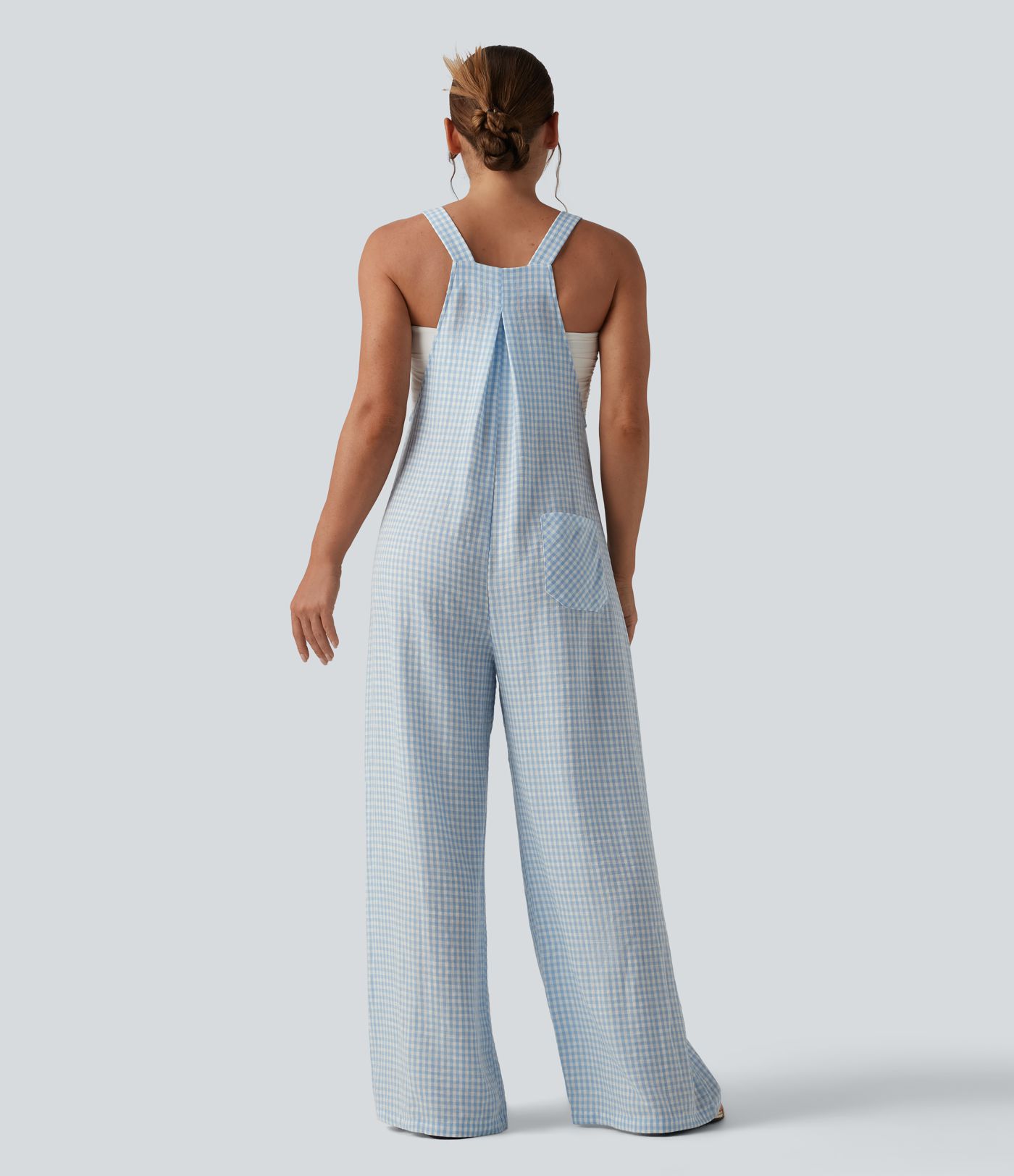 Salopette décontractée à carreaux aspect lin avec poches