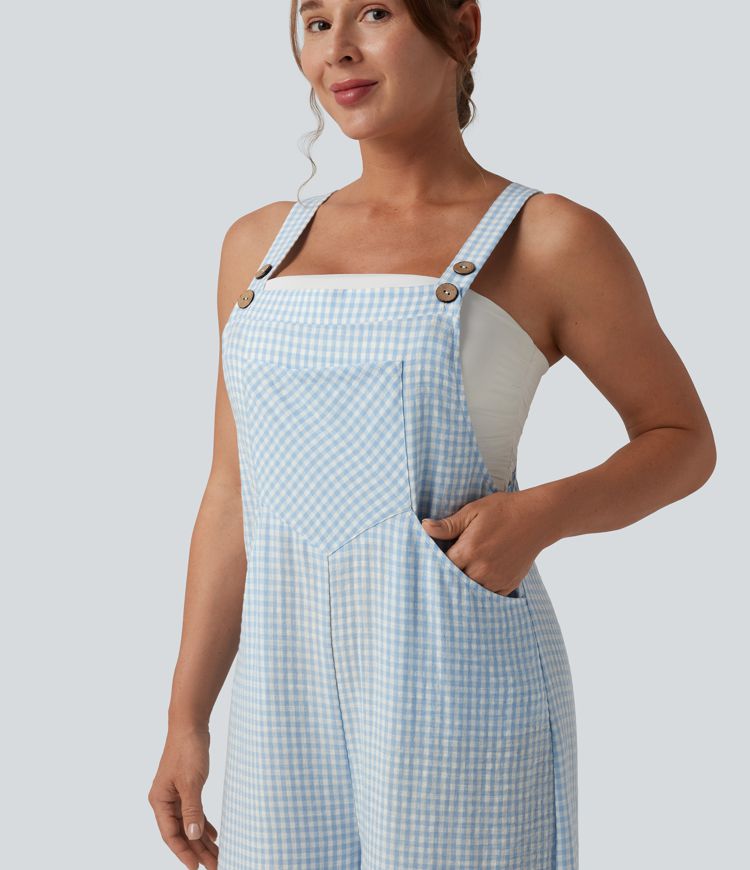 Salopette décontractée à carreaux aspect lin avec poches