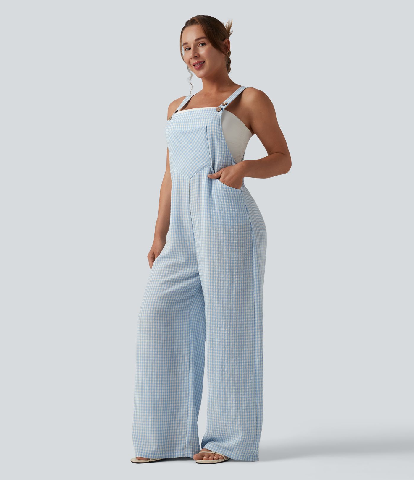 Salopette décontractée à carreaux aspect lin avec poches