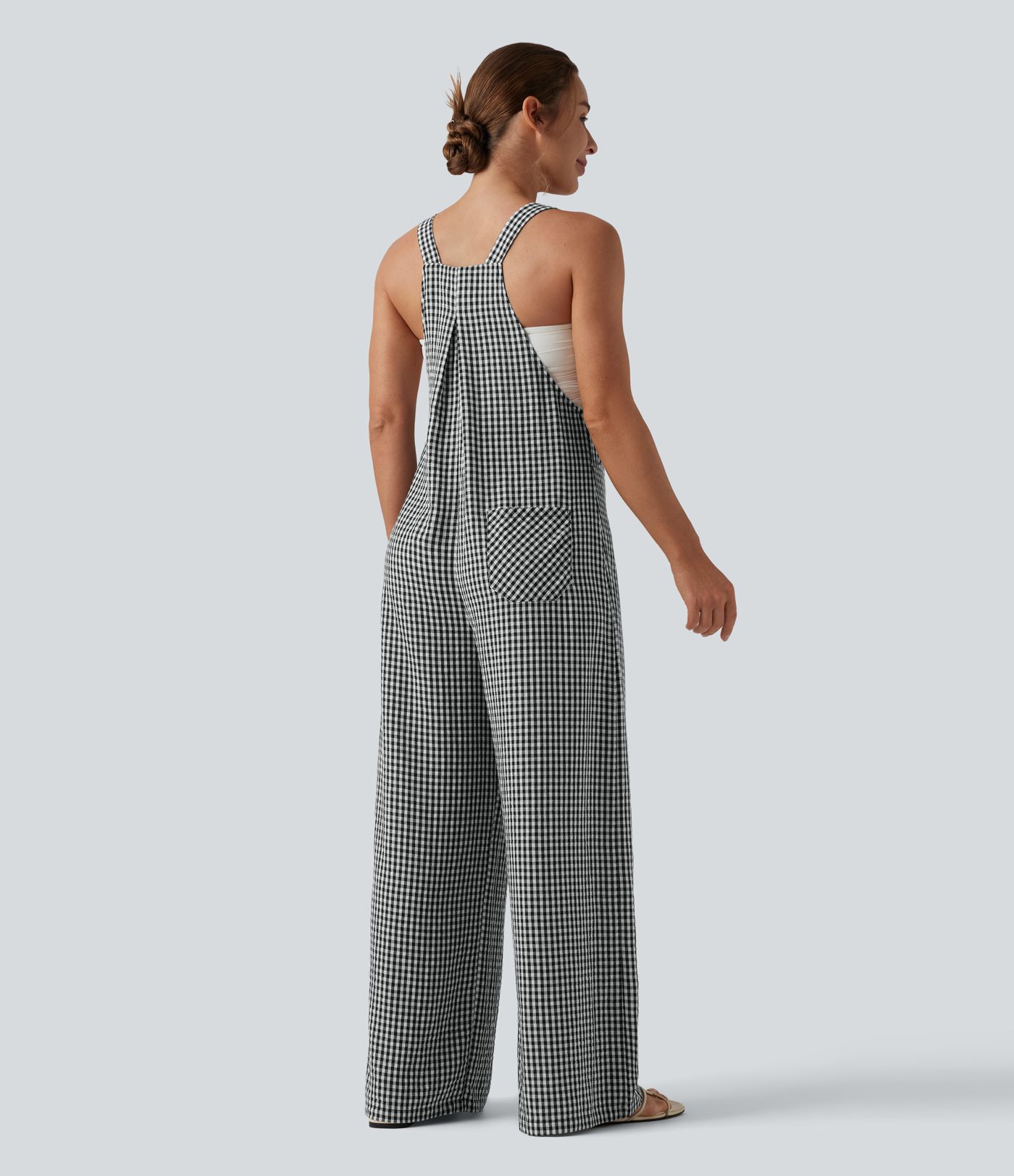 Plaid Casual Linen-Feel Overalls with Pockets