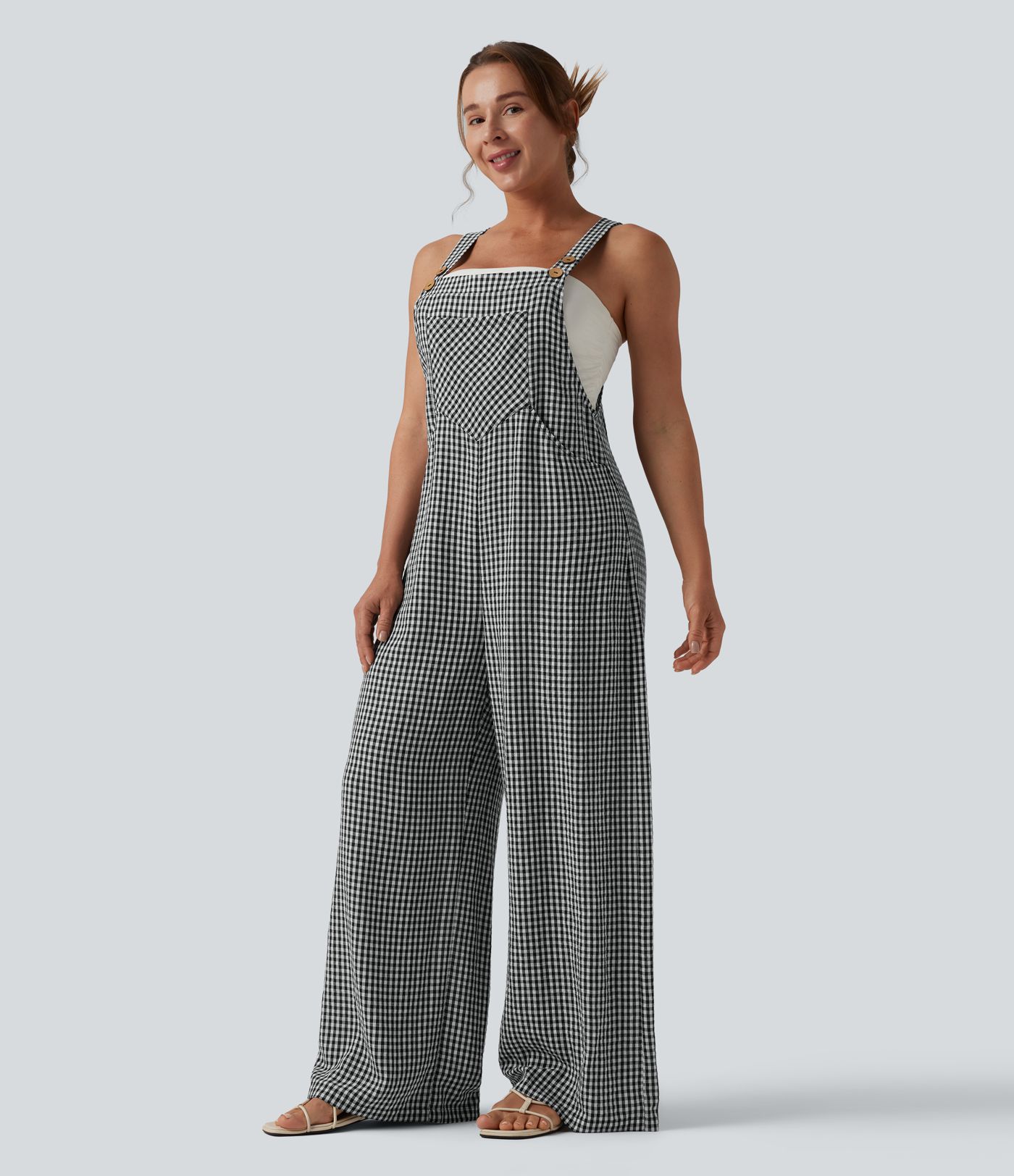Plaid Casual Linen-Feel Overalls with Pockets