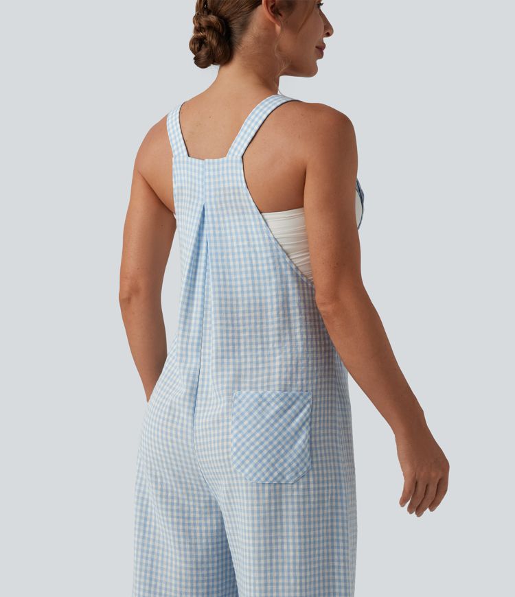 Salopette décontractée à carreaux aspect lin avec poches