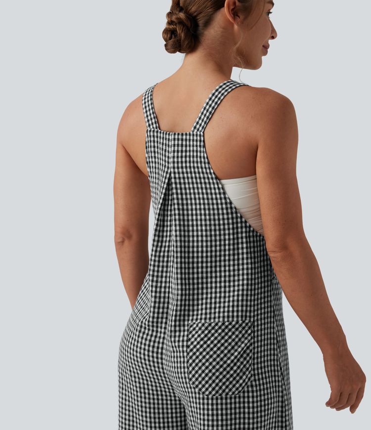 Plaid Casual Linen-Feel Overalls with Pockets