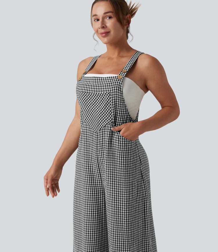 Plaid Casual Linen-Feel Overalls with Pockets