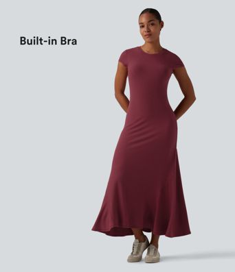 Ribbed Knit Round Neck Short Sleeve Midi Casual Dress