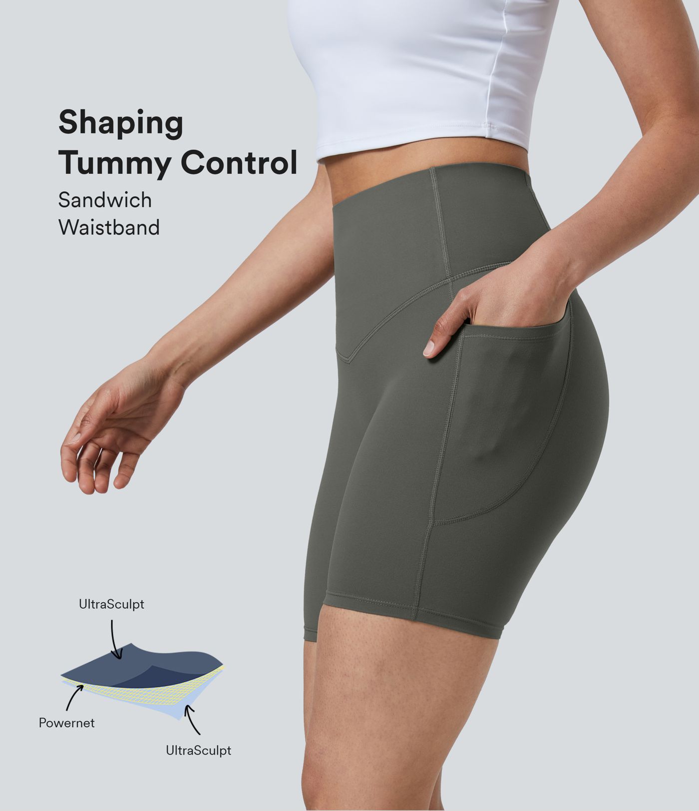 Halara UltraSculpt™ - Formende Workout-Shorts mit hohe Bund, Seitentaschen und Bauchkontrolle - 17,8 cm