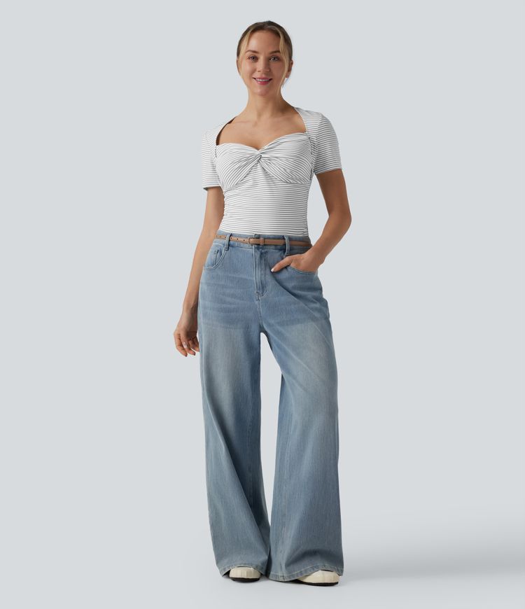 Queen Anne Neck Short Sleeve Stripe Casual T-Shirt