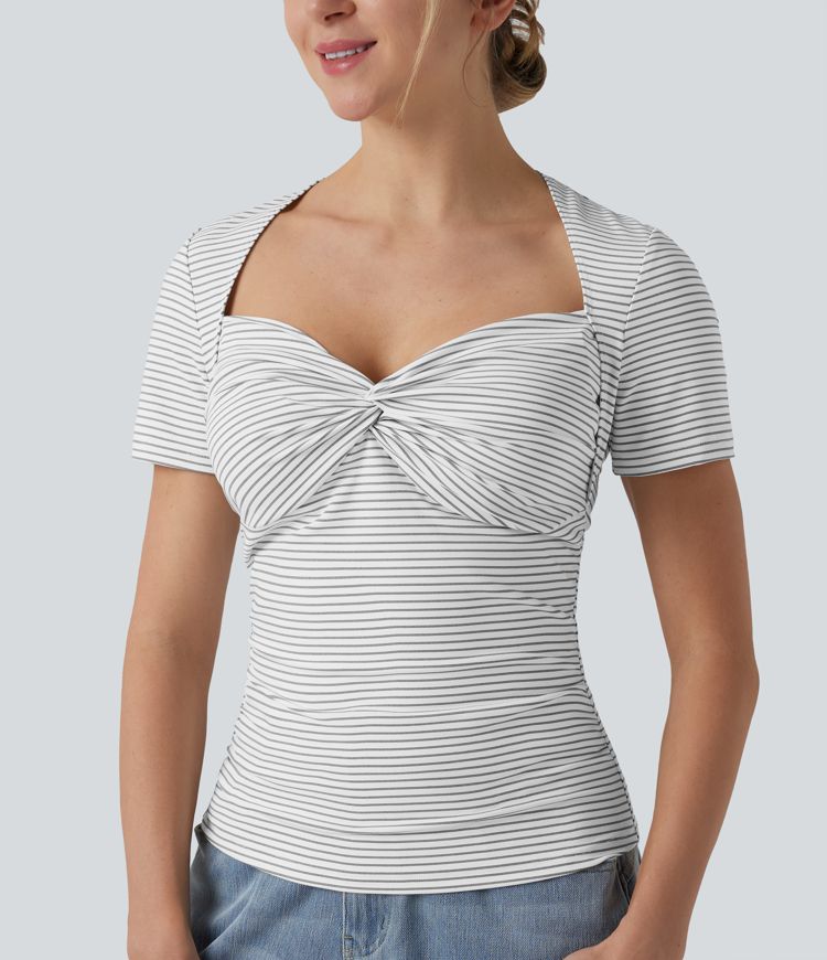 Queen Anne Neck Short Sleeve Stripe Casual T-Shirt