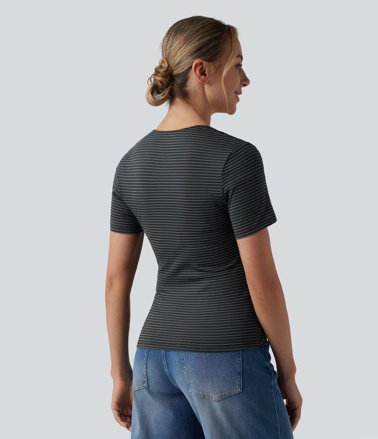 Queen Anne Neck Short Sleeve Stripe Casual T-Shirt