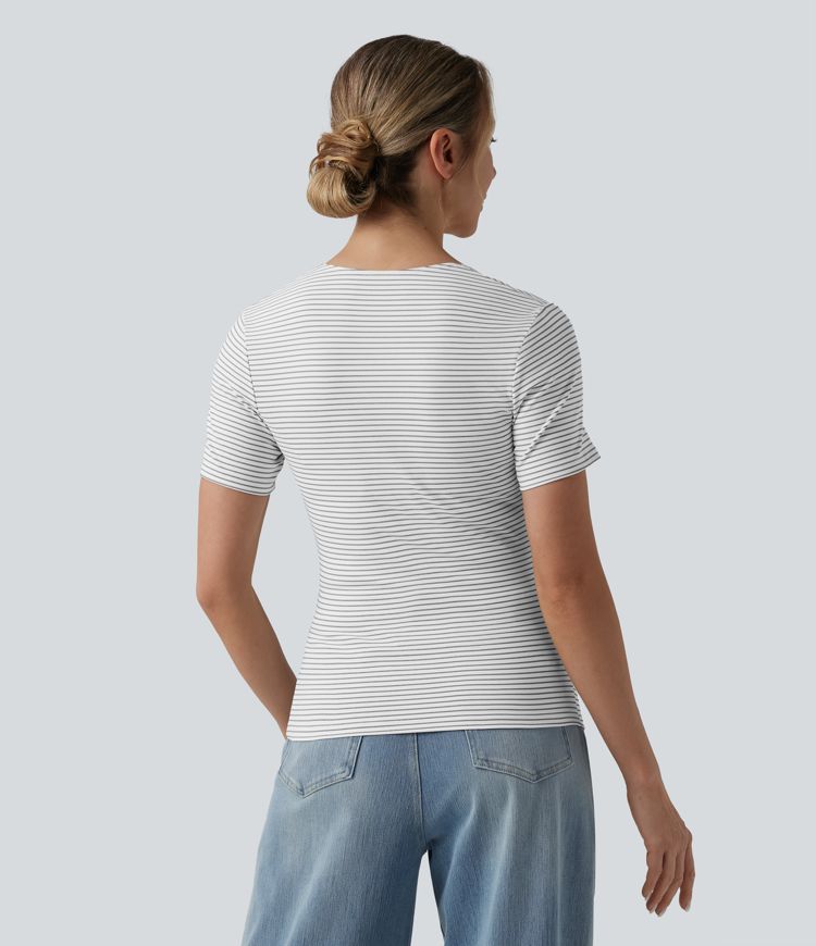 Queen Anne Neck Short Sleeve Stripe Casual T-Shirt