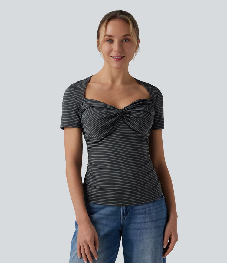 Queen Anne Neck Short Sleeve Stripe Casual T-Shirt