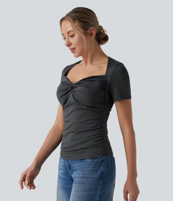 Queen Anne Neck Short Sleeve Stripe Casual T-Shirt