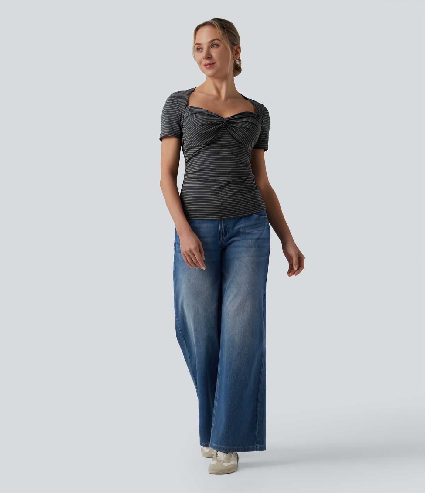 Queen Anne Neck Short Sleeve Stripe Casual T-Shirt