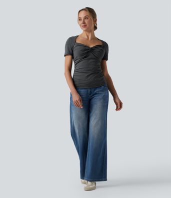 Queen Anne Neck Short Sleeve Stripe Casual T-Shirt