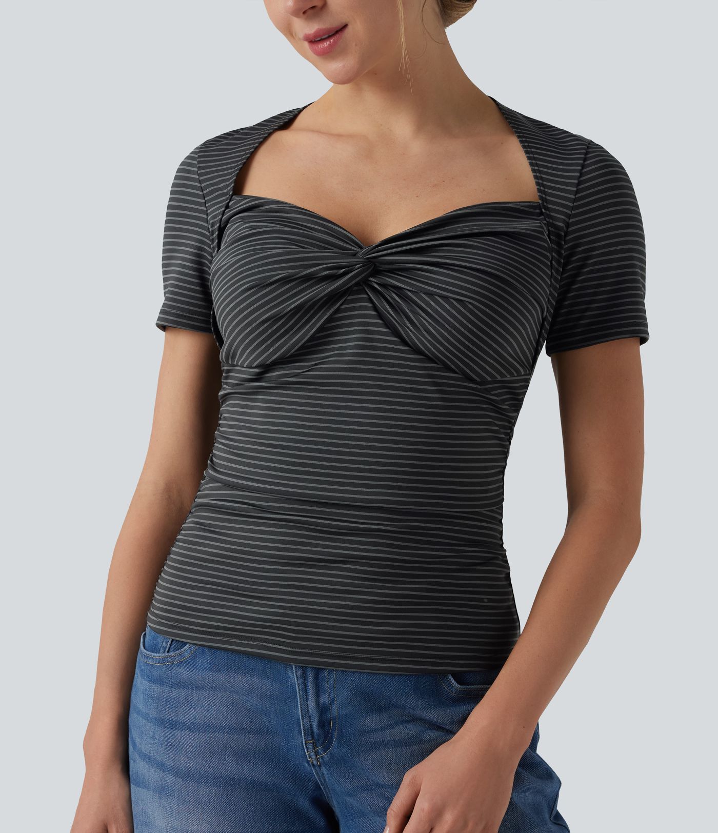 Queen Anne Neck Short Sleeve Stripe Casual T-Shirt