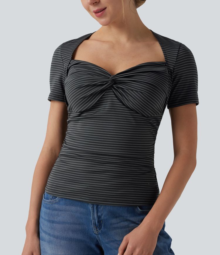 Queen Anne Neck Short Sleeve Stripe Casual T-Shirt