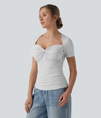 Queen Anne Neck Short Sleeve Stripe Casual T-Shirt