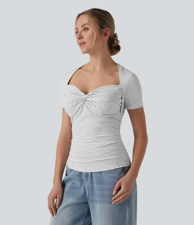 Queen Anne Neck Short Sleeve Stripe Casual T-Shirt