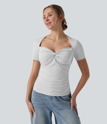 Queen Anne Neck Short Sleeve Stripe Casual T-Shirt