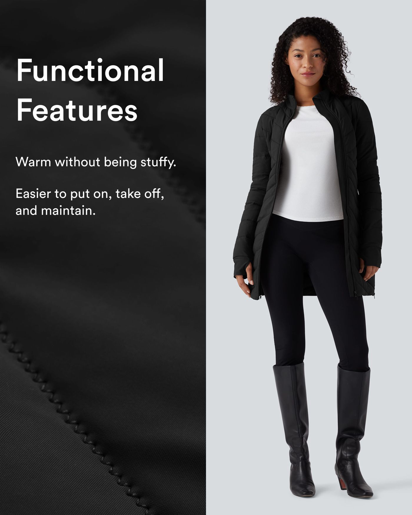 High Collar Long Sleeve Thumb Holes Zip Hem Detail Stretch Fabric Slim Casual Quilted Jacket with Pockets