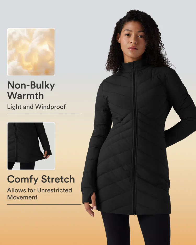 PuffFlex Stand Collar Long Sleeve Thumb Holes Zip Hem Stretchy Slim Casual Padded Jacket with Pockets