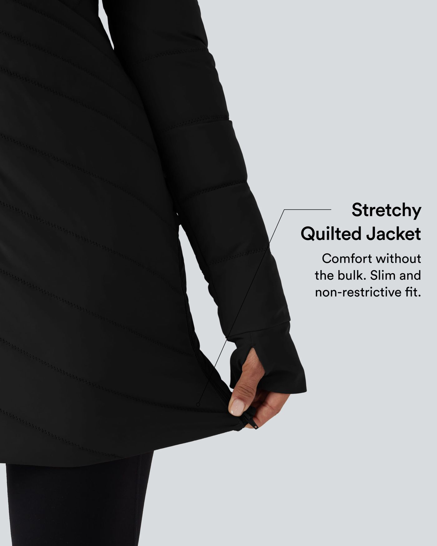 High Collar Long Sleeve Thumb Holes Zip Hem Detail Stretch Fabric Slim Casual Quilted Jacket with Pockets