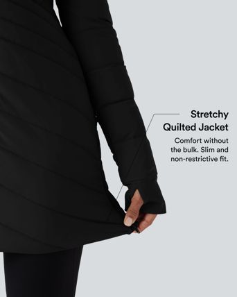 High Collar Long Sleeve Thumb Holes Zip Hem Detail Stretch Fabric Slim Casual Quilted Jacket with Pockets