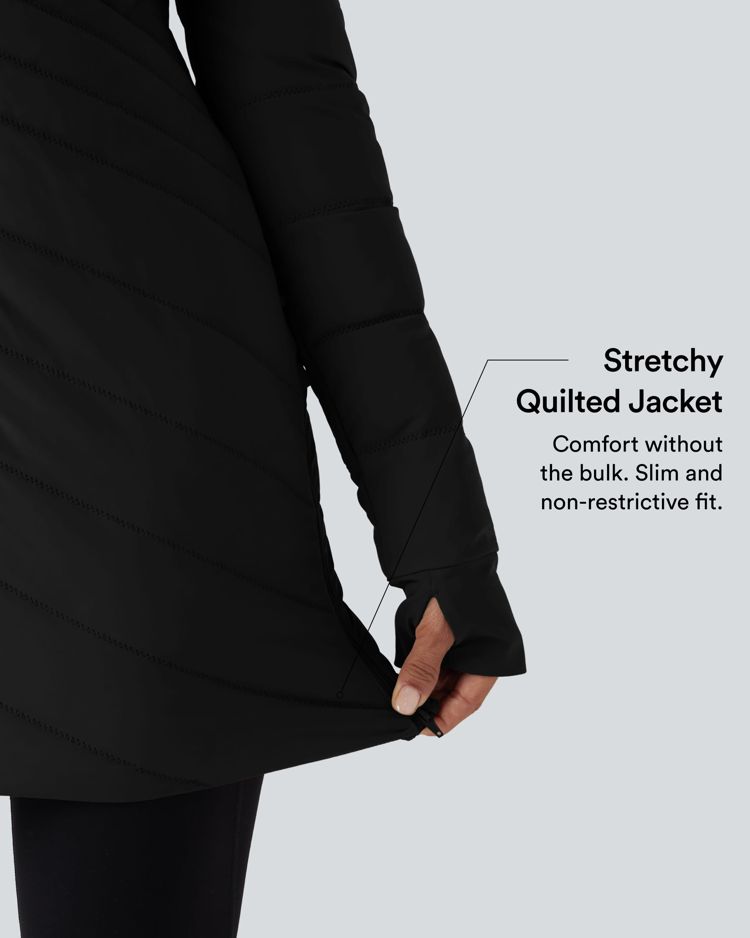 High Collar Long Sleeve Thumb Holes Zip Hem Detail Stretch Fabric Slim Casual Quilted Jacket with Pockets