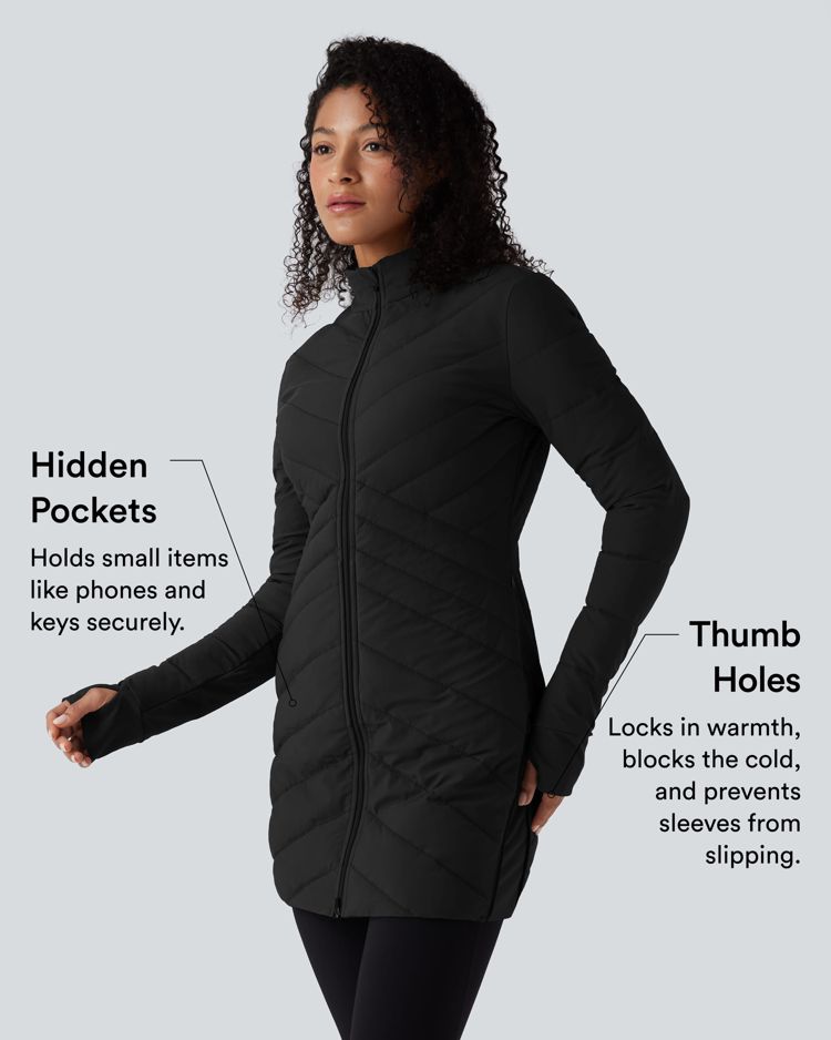 High Collar Long Sleeve Thumb Holes Zip Hem Detail Stretch Fabric Slim Casual Quilted Jacket with Pockets