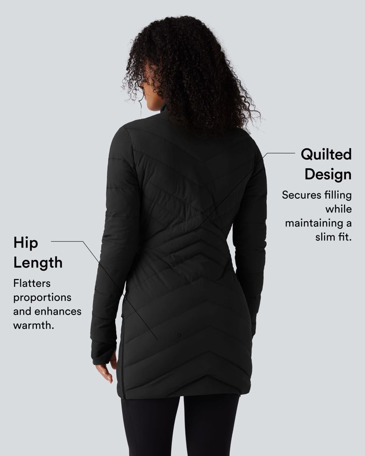 High Collar Long Sleeve Thumb Holes Zip Hem Detail Stretch Fabric Slim Casual Quilted Jacket with Pockets