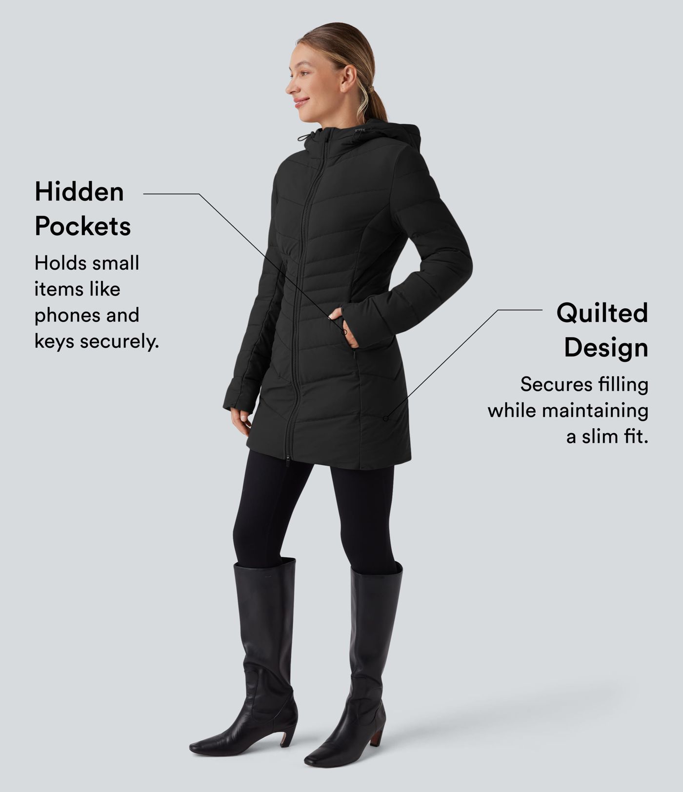 PuffFlex Hooded Longline Stretchy Casual Padded Jacket with Pockets