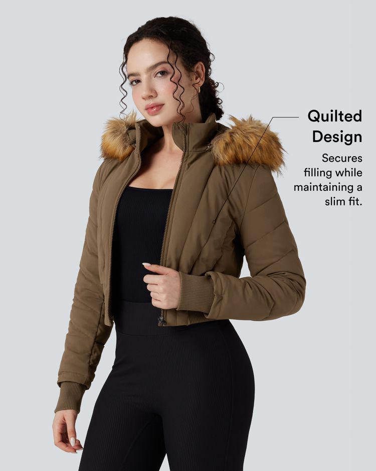 PuffFlex Removable Faux Fur Trim Hooded Long Sleeve Casual Padded Jacket