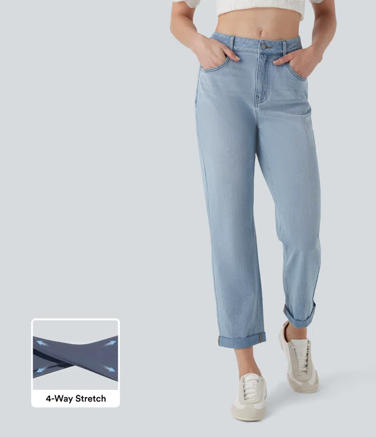 Crushed Ice Blue Denim Halara Flex™ Mid Rise Straight Leg Washed Casual Jeans with Pockets / 1